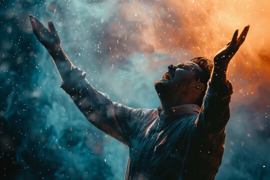 A Christian man praying to God crying and emotional with his arms raised