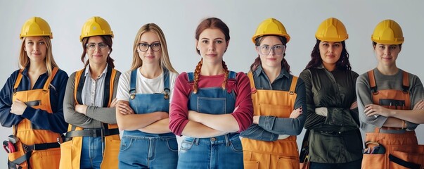 Beautiful, hard-working professional women stand in a row with their uniforms and tools.
