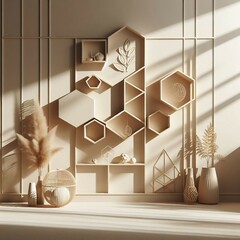 Modern beige Interior with geometrical sunlight, shadows and natural decor. Empty wall mockup