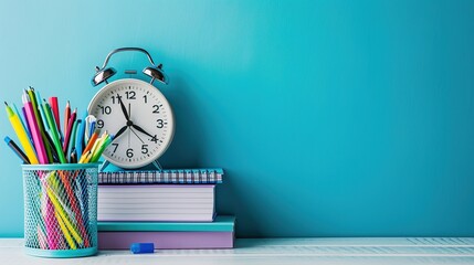 Front view image of a white desk with office supplies and alarm clock on a blue, isolated background