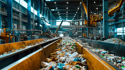 Garbage Processing Plant With Conveyor Belts - obrazy, fototapety, plakaty