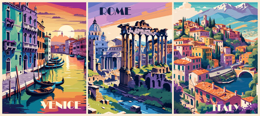 Set of Italy Travel Destination Posters in retro style. Venice, Rome landscape digital prints. European summer vacation, holidays concept. Vintage vector colorful illustrations.