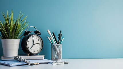 Front view image of a white desk with office supplies and alarm clock on a blue, isolated background