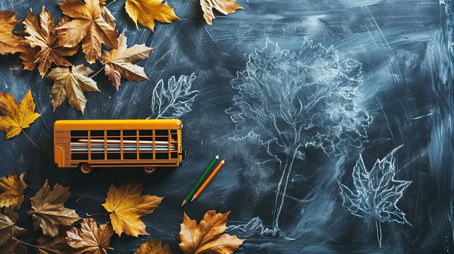 Above: pencils and a school bus banner next to a sketch of a tree with dry, autumn leaves