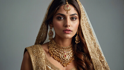 Beautiful Indian bride wearing gold diamond ornaments jewelry. Jewelers. commercial photo, glamorous portrait, Generative AI
