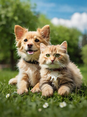 Obraz premium Cute dog and cat lying together on a green grass field nature in a spring sunny background