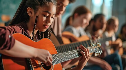Instructor helping teenagers in guitar class