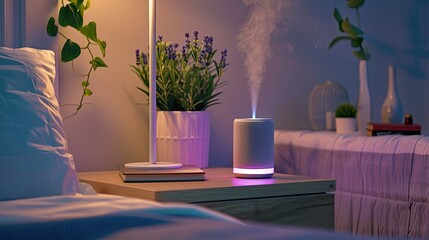 Cozy Bedroom with Ultrasonic Aromatherapy Diffuser Emitting Steam by Bedside