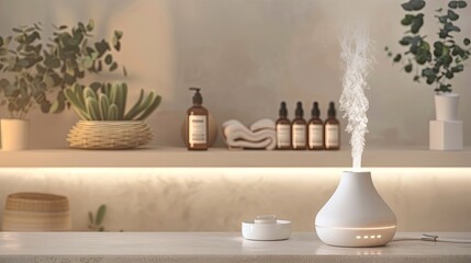 Fototapeta na wymiar Serene Aromatherapy Space with White Diffuser and Bottles on Wooden Shelf