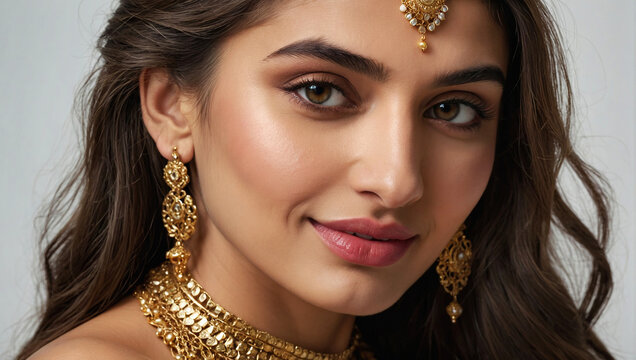 Beautiful Indian bride wearing gold diamond ornaments jewelry. Jewelers. commercial photo, glamorous portrait, Generative AI
