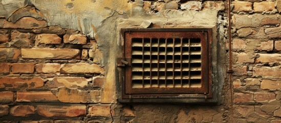 An old brick wall, weathered by time, proudly displays a vintage air ventilation grate. The grate, with its intricate design, provides a glimpse into the past of this historic structure.