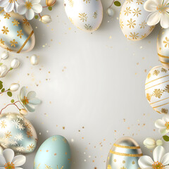 Frame for Easter festival. Pastel white and blue Easter eggs with cute golden patterns and spring flowers on a pastel plain beige background with blank space for text at the center of the image.