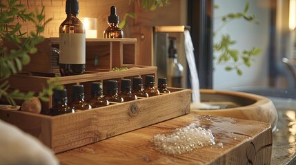 Spa Essence: A Wooden Chest of Botanical Elixirs by a Bamboo Soaking Tub - obrazy, fototapety, plakaty