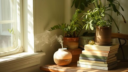 Cozy Corner with Wood Grain Diffuser and Fresh Greenery by Sunlit Window