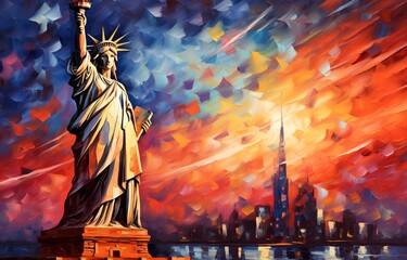 A view of the Statue of Liberty in New York City in the style of Vincent Van Gogh.