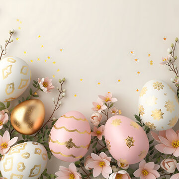 Pastel beige Easter eggs with cute golden patterns and little spring flowers on a glittering pastel beige background with blank space for text at the upper part of the image.