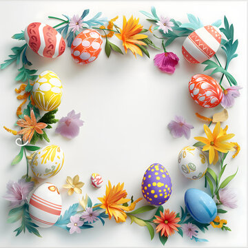 Frame for Easter festival. Vivid pastel Easter eggs with cute patterns and little spring flowers on a plain white background with blank space for text at the center of the image.
