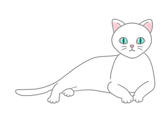 The white cat with blue eyes is in a relaxed position, raising his upper body and staring straight at the front.