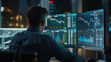 Bussinesmen looking at screen about Financial Business Analytics Data Dashboard, back view.