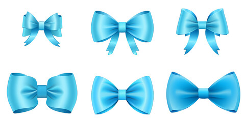 flat art collection of blue bow and ribbon isolated on a white background as transparent PNG