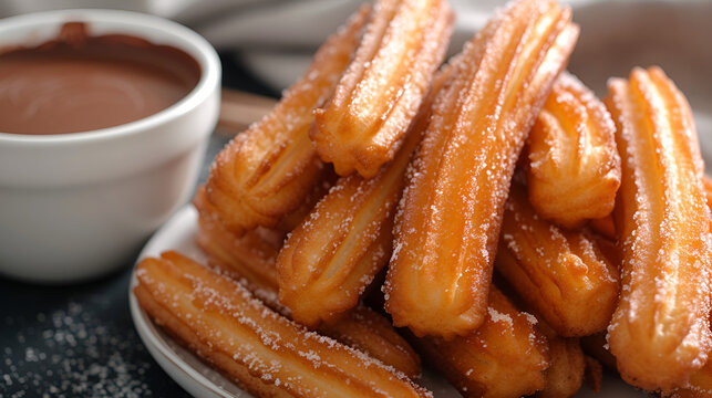 Gourmet Spanish churros served with hot chocolate. generative ai 