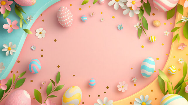 Frame for Easter festival. Colorful pastel Easter eggs with cute patterns and little spring flowers on a pastel plain pink background with blank space for text at the center of the image. Paper cut.
