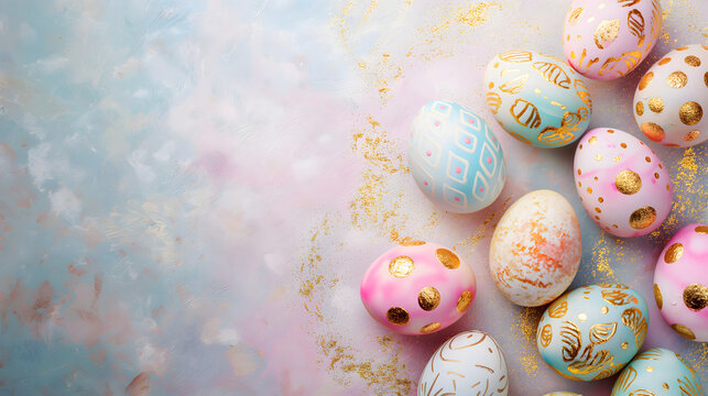 Colorful pastel Easter eggs with cute golden patterns on a glittering textured pastel colorful background with blank space for text at the left side of the image.