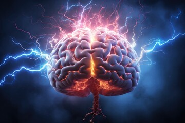 Abstract illustration of a brain surrounded, Human brain with a thunderbolt, 3D illustration, mind power concept with the human brain and light rays, Ai generated - obrazy, fototapety, plakaty