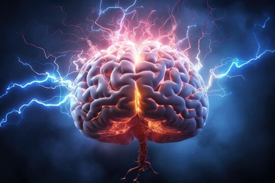 Abstract illustration of a brain surrounded, Human brain with a thunderbolt, 3D illustration, mind power concept with the human brain and light rays, Ai generated