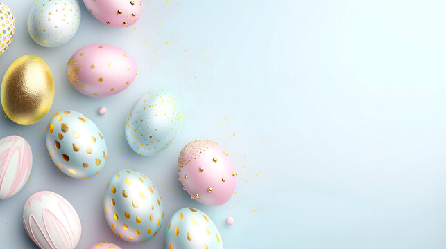Colorful pastel Easter eggs with cute golden patterns on a plain pastel blue background with blank space for text at the right side of the image.