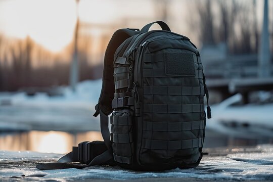 Tactical backpack on the snow