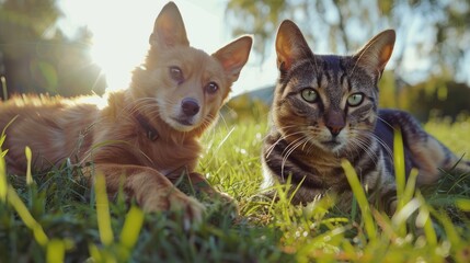 Cute cat and dog lying on the grass in the sun.