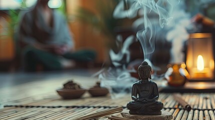 Fototapeta premium Serene Meditation Space with Incense Smoke, Buddha Statue, and Candles in Tranquil Setting