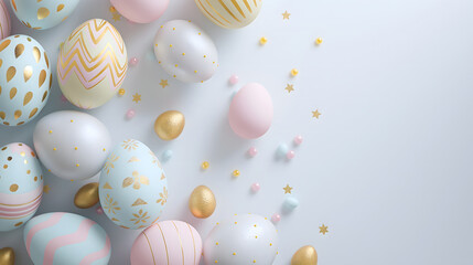Fototapeta na wymiar Colorful pastel Easter eggs with cute golden patterns on a plain pastel white background with blank space for text at the right side of the image.