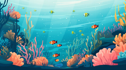 A vector graphic of a coral reef teeming with fish.