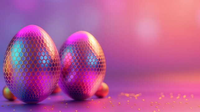 Vibrant colorful holographic Easter eggs on a vivid gradient purple background with blank space for text at the right side the image.