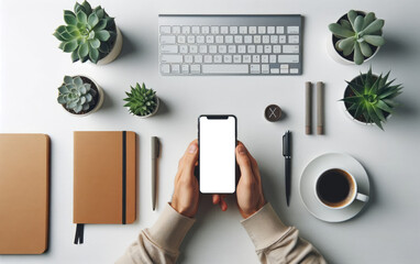 Top view of hands holding a smartphone over a neatly organized desk with stationery, plants, and a cup of coffee.