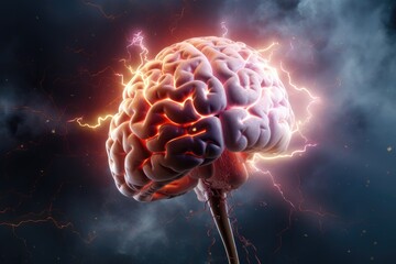 Fototapeta premium Human brain with thunderbolt, 3D illustration, mind power concept with the human brain and light rays, Ai generated