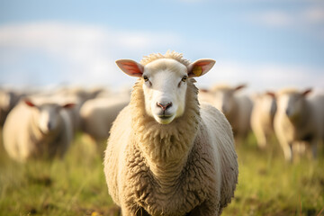 Obraz premium Sheep with flock on meadow in background