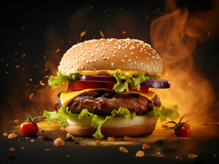 fresh prime chick patty angus or wagyu beef burger sandwich with flying ingredients and spices hot ready to serve and eat food commercial advertisement menu banner with copy space area 