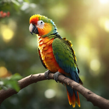 High-quality image of a colorful little parrot standing on a tall tree branch, warm and pleasant soft lighting, amazing sun