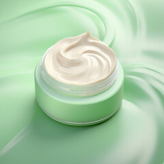 A premium cosmetic cream presented in an elegant green container, with a perfect swirl peak, against a silky, smooth green background