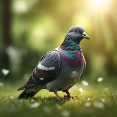 High-quality image of an ordinary pigeon standing on green grass, warm and pleasant soft lighting
