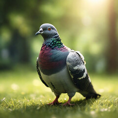High-quality image of an ordinary pigeon standing on green grass, warm and pleasant soft lighting