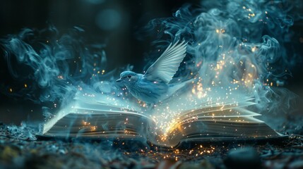 The magical world of reading: magic book with pages transforming into birds