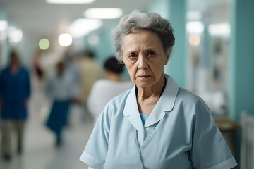 Old woman working as nurse or caretaker in hospital or retirement home. Concept for problems with pushing back statutory retirement age for people in hard labor jobs or old age poverty