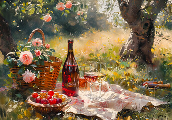 Fototapeta premium Summer Picnic with Wine and Cherries in Nature.