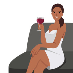 Young happy smiling woman toasting with wine glass. Flat vector illustration isolated on white background