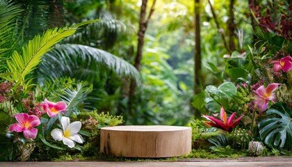 Product presentation with a wooden podium set amidst a lush tropical forest and flower