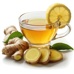 Cup of hot ginger tea with ginger root and slices isolated on transparent png.